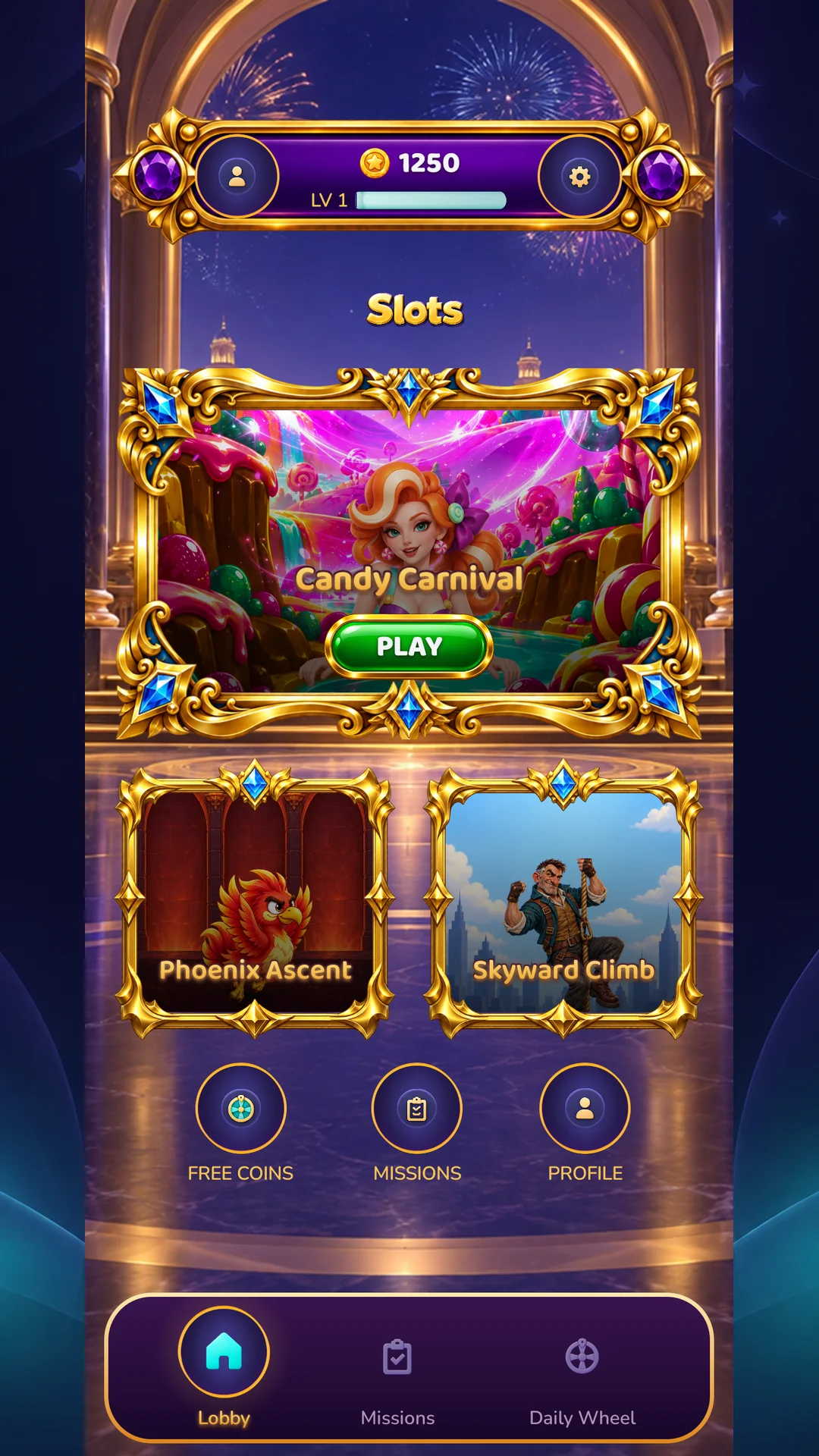 Vegaria Royale Slots golden lobby with Candy Carnival, Phoenix Ascent and Skyward Climb