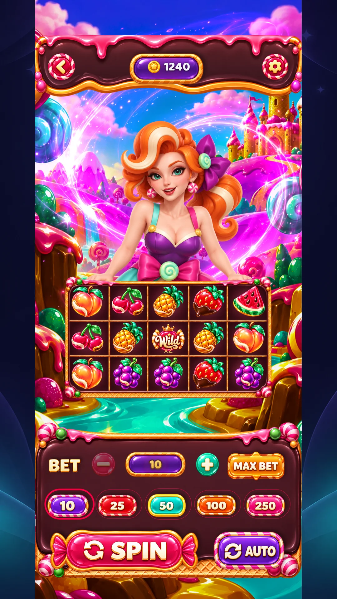 Candy Carnival 5x3 fruit slot with Wild x2 symbol, bet chips and SPIN button