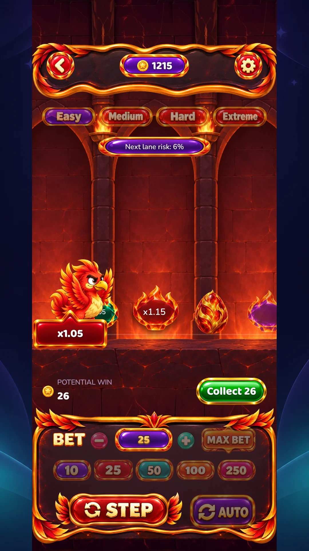 Phoenix Ascent lava-temple lane game showing multipliers and a Collect 26 button