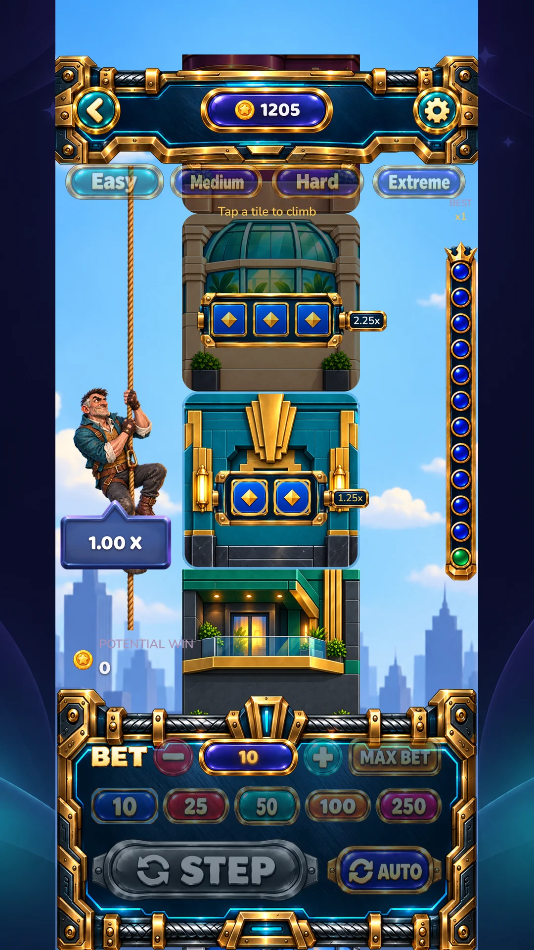 Skyward Climb tower game, a climber on a rope choosing tiles up a skyscraper for 2.25x