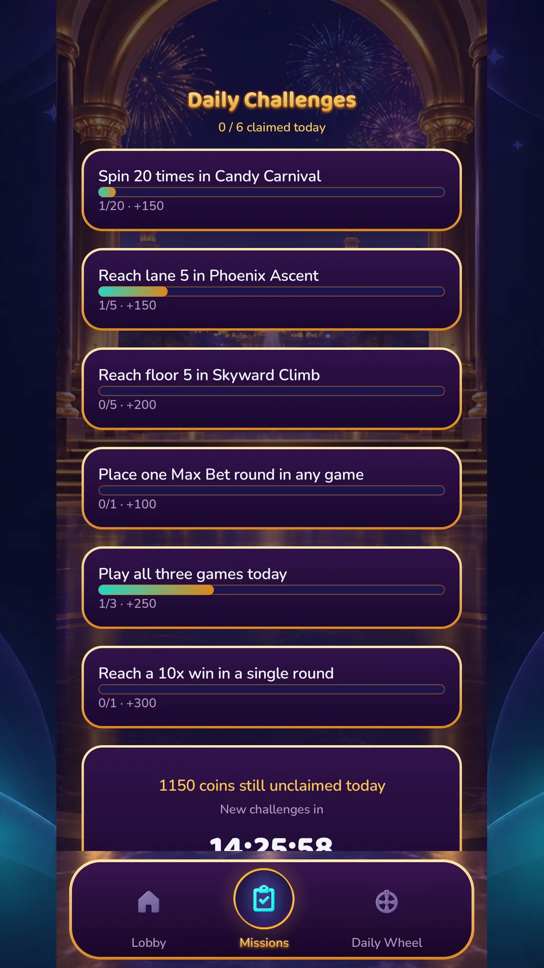 Daily Challenges list with coin rewards and a countdown to new challenges