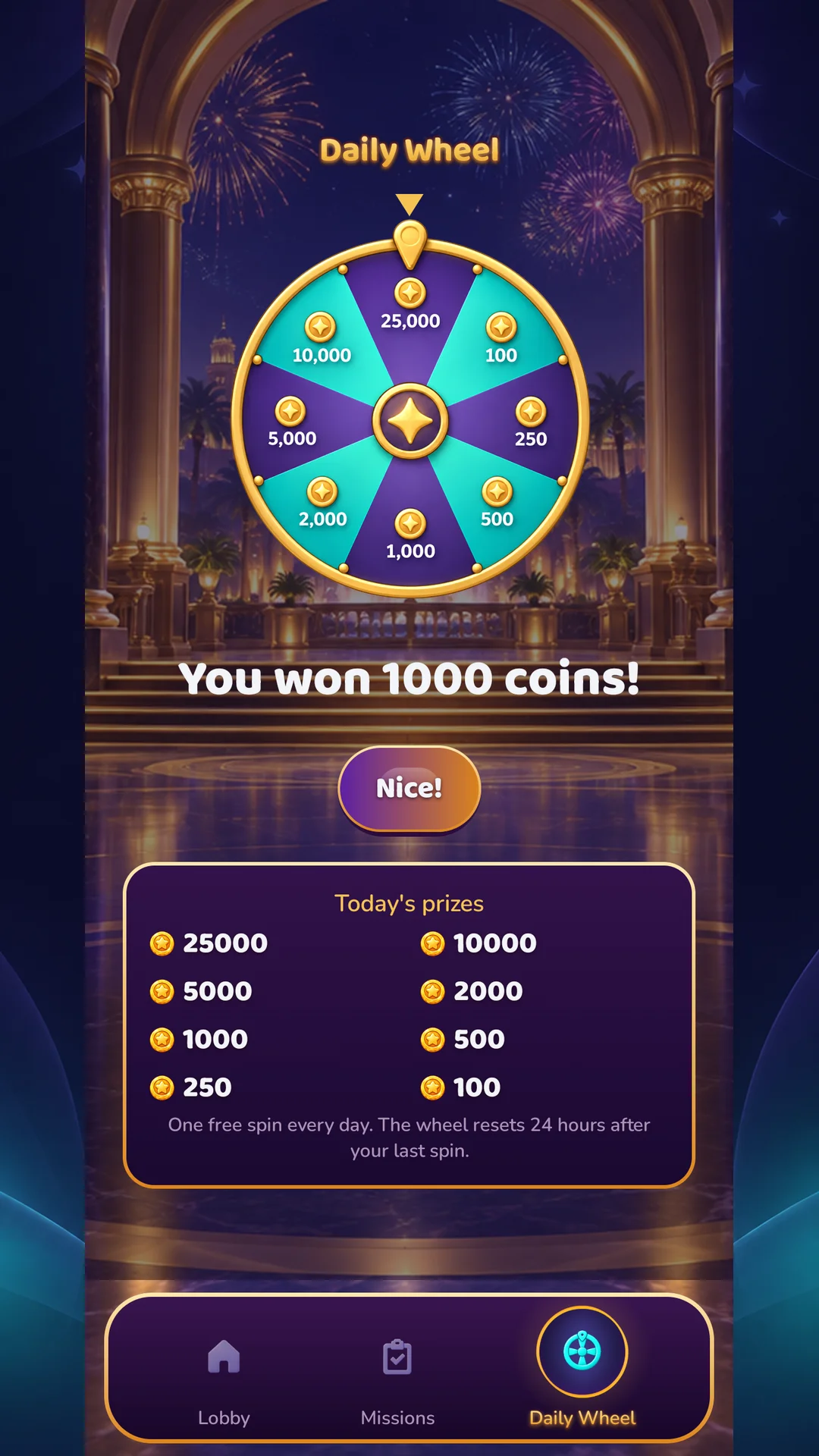 Daily Wheel with prizes from 100 to 25,000 coins and a You won 1000 coins message