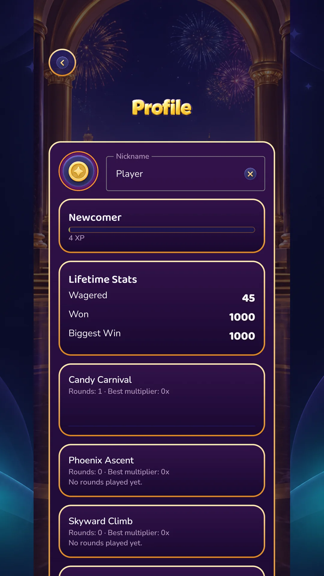 Player profile and lifetime stats