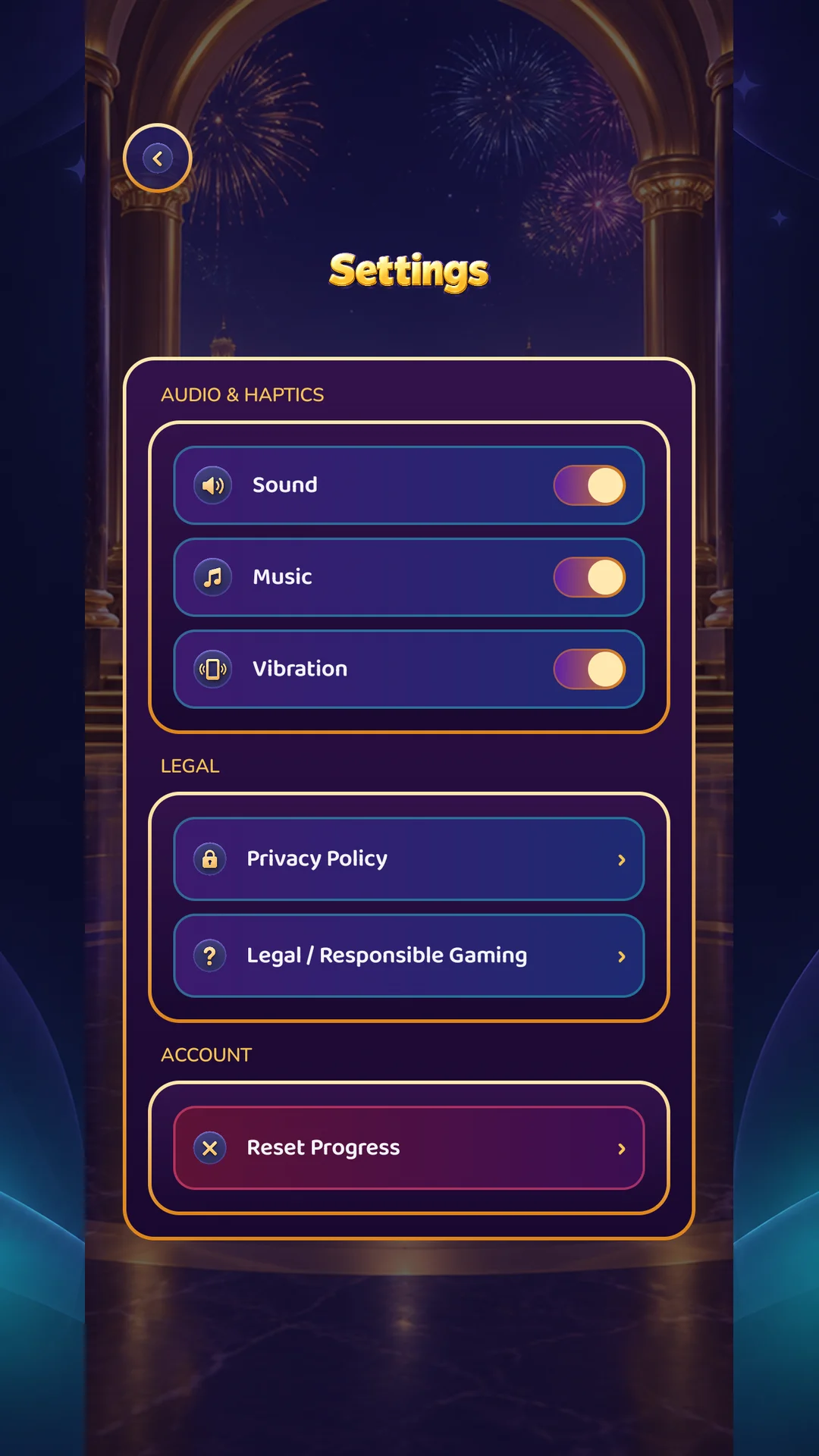 Settings with audio, haptics and legal options